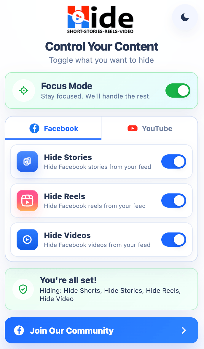 Hide extension popup with Focus Mode and content controls for Facebook and YouTube